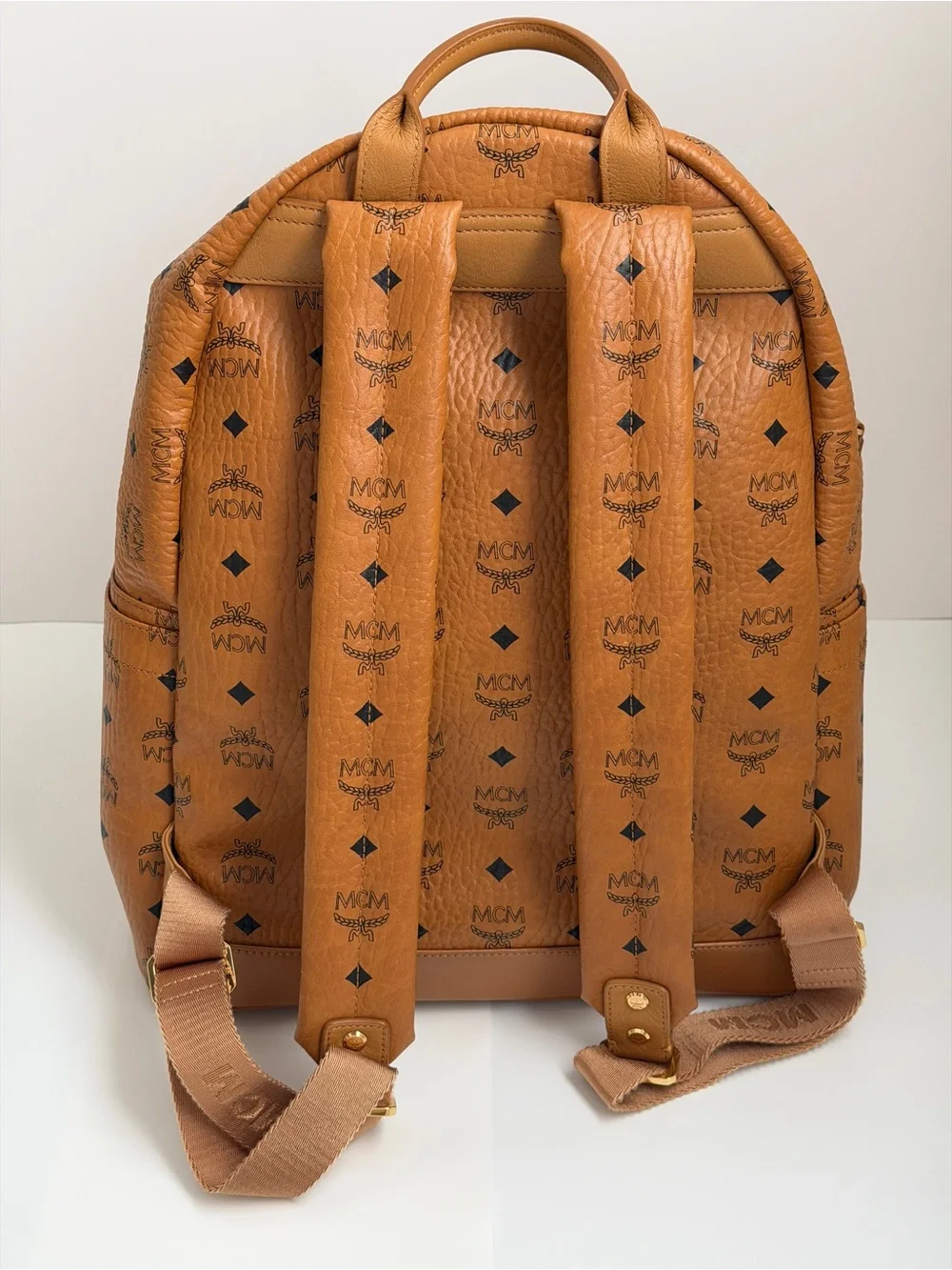 MCM 100% Authentic Stark Side Studs Backpack In Visetos Size Medium Cognac Color